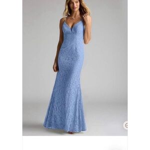 Azazie steel blue Lace Mermaid bridesmaid dress 2